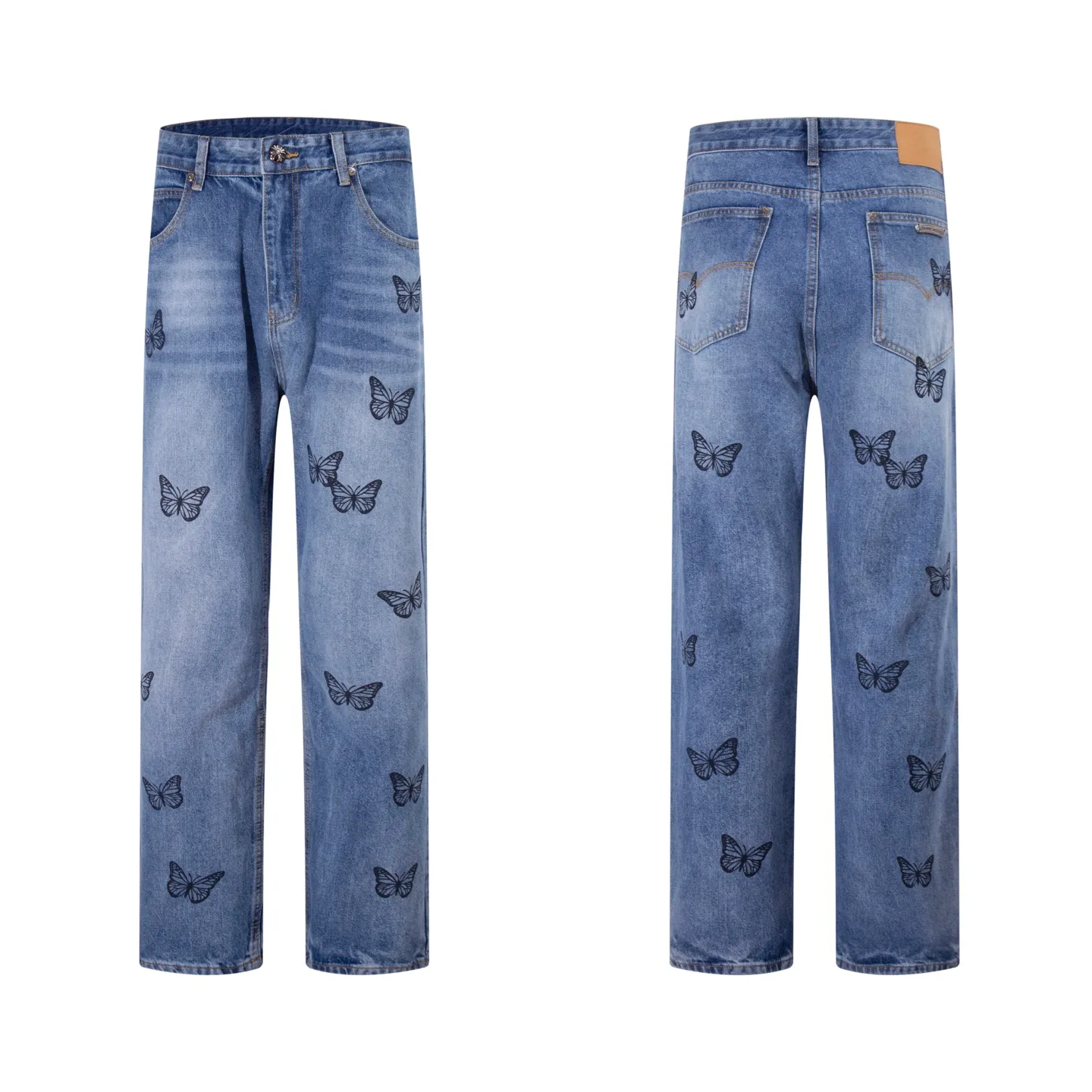 P240 Style No.: H96 Croxin & 𝐂𝐡𝐫𝐨𝐦𝐞 𝐇𝐞𝐚𝐫𝐭 Pingtai SS25 blue butterfly print jeans. Styles with different wash textures are very friendly to people with thin legs. The slightly flared version perfectly modifies the leg shape. The timeless and moderate length makes it easy to match and match. It is the basis for various styles and is a must-have in your wardrobe! The fabric is stiff but also makes the upper body soft without losing texture. The washing process is even more perfect. It is a must-have item for everyone! ! ! Washed wheat, hang tag, pants label, three labels complete Color: blue Size: 28-30-32-34